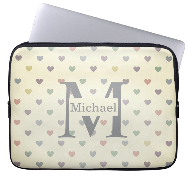 Minimalist Pastel Heart Pattern Custom Monogram  ラップトップスリーブ (正面)