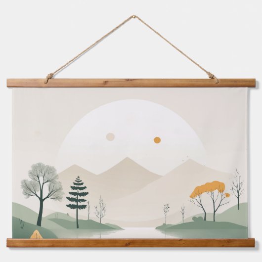Minimalist Pastel Mountain Landscape Serene Lake 吊り下げ型タペストリー (正面)