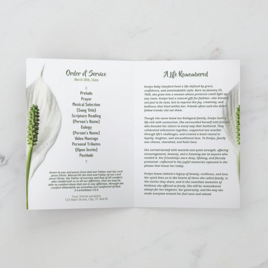 Minimalist Peace Lily Bi-fold Funeral Program 招待状 (内部)