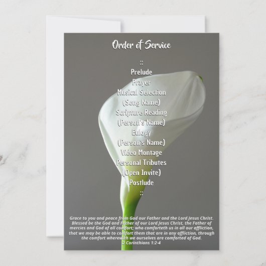 Minimalist Peace Lily Funeral Program 案内状 (裏面)