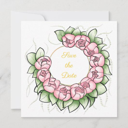 Minimalist Peony Wreath Save the Date Card 招待状 (正面)