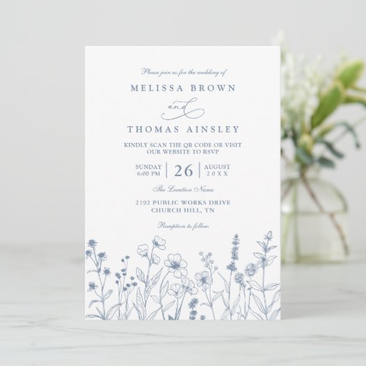 Minimalist Periwinkle Wildflowers QR Code Wedding 招待状 (スタンド正面)