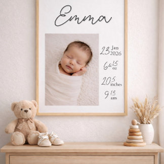 Minimalist Personalized Baby Birth Poster Photo ポスター