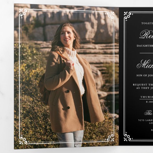 Minimalist Photo Black and White QR Code Wedding 三つ折り招待状 (内部最初)