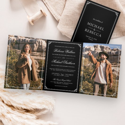 Minimalist Photo Black and White QR Code Wedding 三つ折り招待状