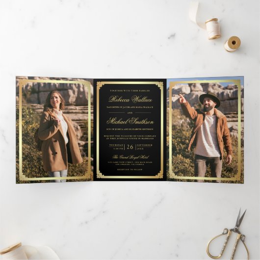 Minimalist Photo Black Gold QR Code Wedding 三つ折り招待状 (内部)