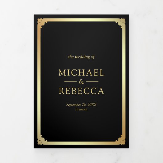 Minimalist Photo Black Gold QR Code Wedding 三つ折り招待状 (カバー)