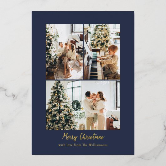 Minimalist Photo Collage Christmas Navy Blue Gold 箔シーズンカード (正面)