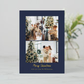 Minimalist Photo Collage Christmas Navy Blue Gold 箔シーズンカード (立ち正面)