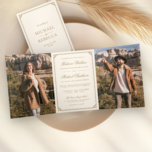 Minimalist Photo Cream Gold QR Code Wedding 三つ折り招待状