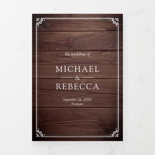 Minimalist Photo Rustic Barn Wood QR Code Wedding 三つ折り招待状 (カバー)