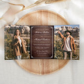 Minimalist Photo Rustic Barn Wood QR Code Wedding 三つ折り招待状