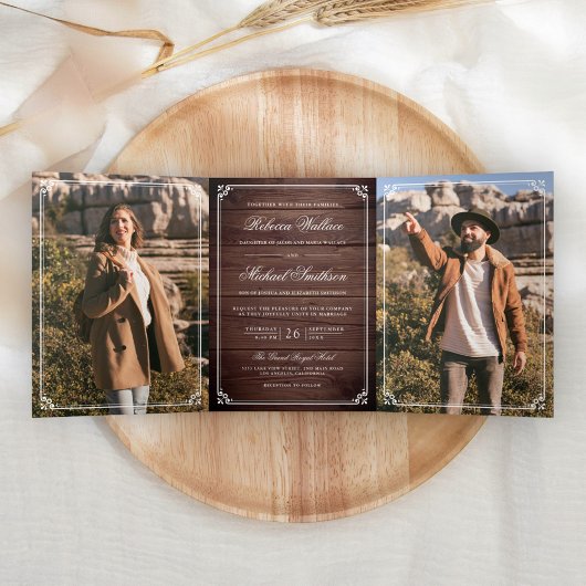 Minimalist Photo Rustic Barn Wood QR Code Wedding 三つ折り招待状