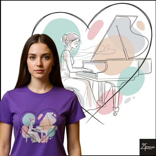 Minimalist Piano Player Pastel Heart Sketch Tシャツ