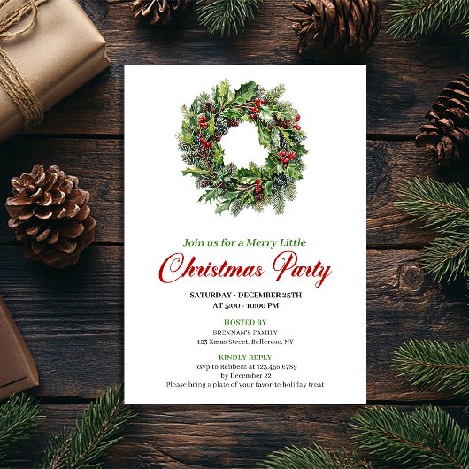 Minimalist Pine Wreath Christmas Party Card 招待状
