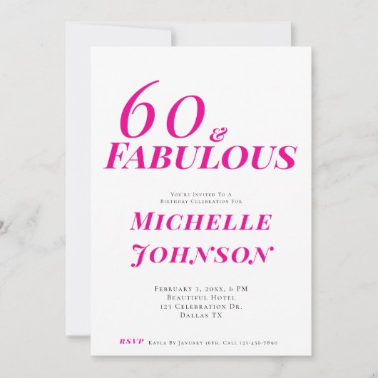 Minimalist Pink 60 & Fabulous 60th Birthday Party 招待状 (正面)