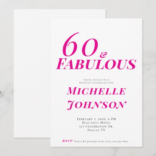 Minimalist Pink 60 & Fabulous 60th Birthday Party 招待状 (正面/裏面)