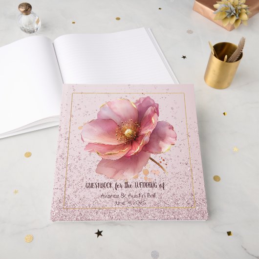 Minimalist Pink and Gold Poppy Wedding ゲストブック (正面見開き)