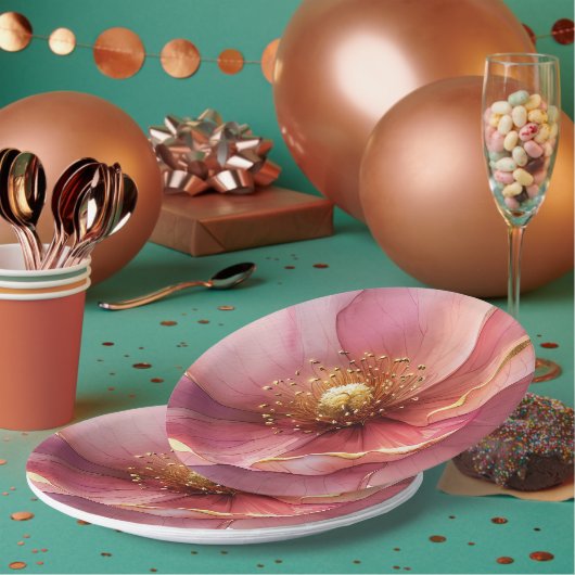 Minimalist Pink and Gold Poppy Wedding ペーパープレート (複数)