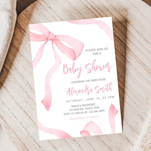 Minimalist Pink Bow Baby Shower 招待状
