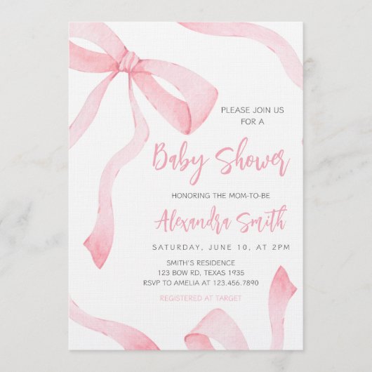 Minimalist Pink Bow Baby Shower 招待状 (正面)