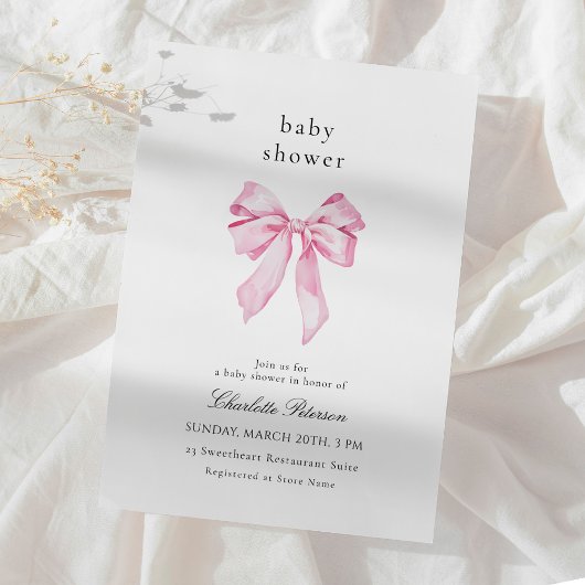 Minimalist Pink Bow Baby Shower Invitation 招待状
