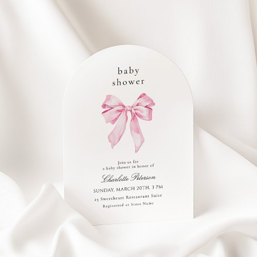 Minimalist Pink Bow Baby Shower Invitation 招待状