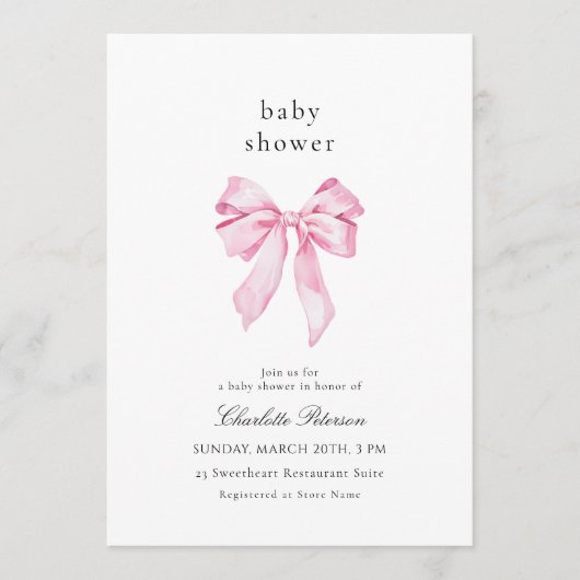 Minimalist Pink Bow Baby Shower Invitation 招待状 (正面)