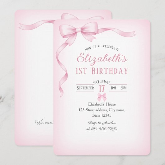 Minimalist Pink Bow First Birthday Invitation 招待状 (正面/裏面)