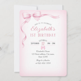 Minimalist Pink Bow First Birthday Invitation 招待状