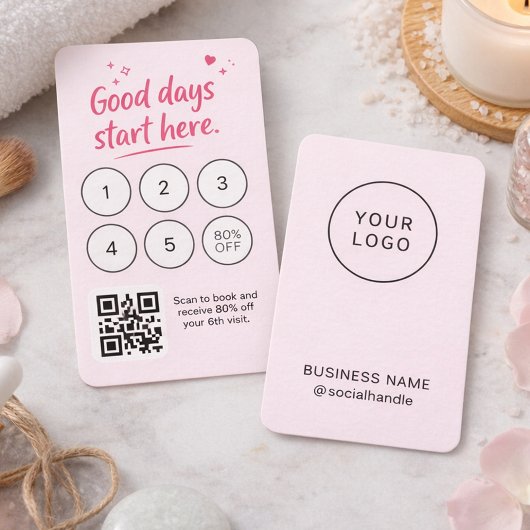 Minimalist Pink Business Card with Logo QR Code 名刺