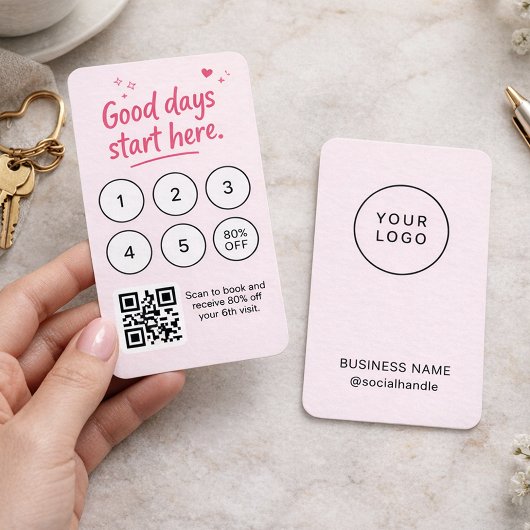 Minimalist Pink Business Card with Logo QR Code  名刺