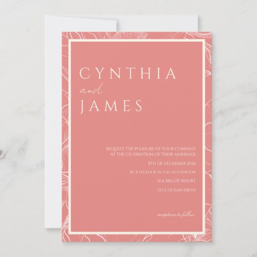 Minimalist Pink Coral Botanical Wedding Invitation 招待状 (正面)