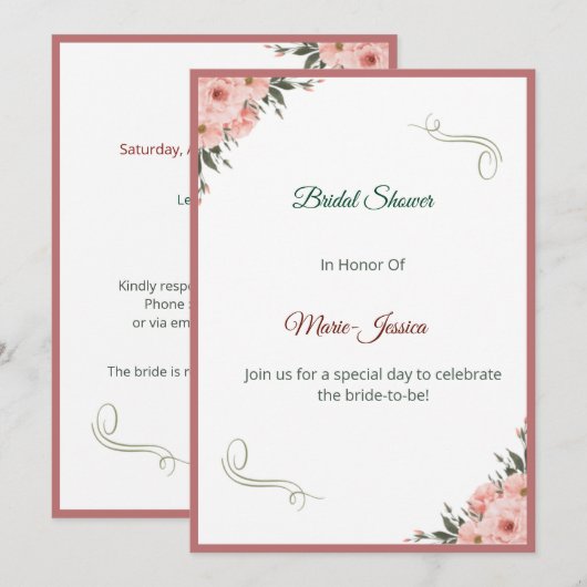 Minimalist Pink Floral Bridal Shower Invitation, 招待状 (正面/裏面)