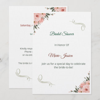 Minimalist Pink Floral Bridal Shower Invitation, 招待状