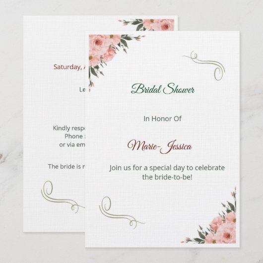 Minimalist Pink Floral Bridal Shower Invitation, 招待状 (正面/裏面)