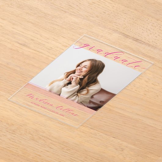Minimalist Pink Lines Graduation Photo アクリル招待状 (レイダウン)
