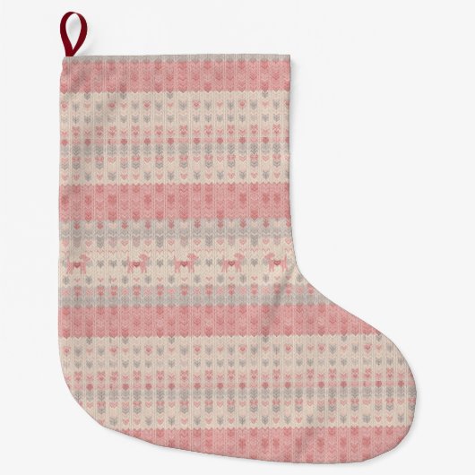 Minimalist Pink Nordic Dog Christmas Stocking ラージクリスマスストッキング (正面)