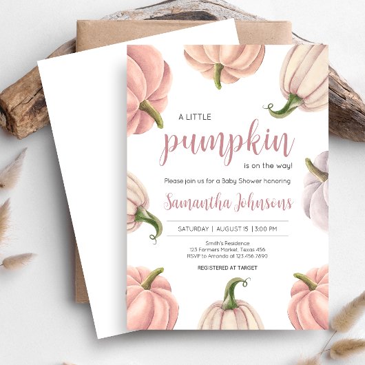 Minimalist Pink Pumpkin Fall Baby Shower 招待状