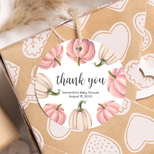 Minimalist Pink Pumpkin Fall Baby Shower Round フェイバータグ