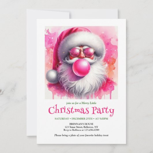 Minimalist Pink Santa Bubble Gum Christmas Invites 招待状 (正面)