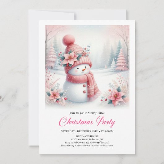 Minimalist Pink Snowman Kids Editable Digital Xmas 招待状 (正面)
