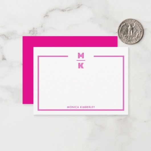 Minimalist Pink Two Border Monogram Note Card ノートカード (正面/裏面インサイチュ)