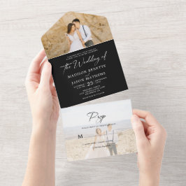 Minimalist Plain Black White2 Photo Rsvp Wedding オールインワン招待状