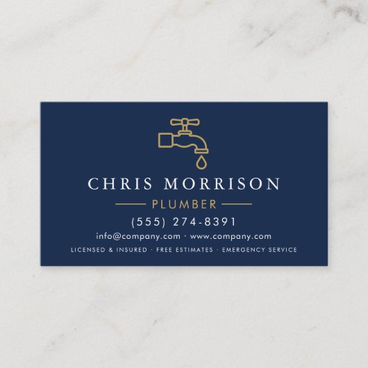Minimalist Plumber Navy Blue Gold QR Code 名刺 (正面)