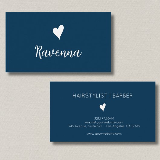 Minimalist Prussian Blue White Heart Barber Name 名刺