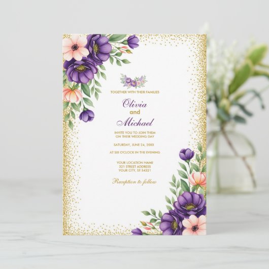 Minimalist Purple Floral Note Paper Background 招待状 (スタンド正面)