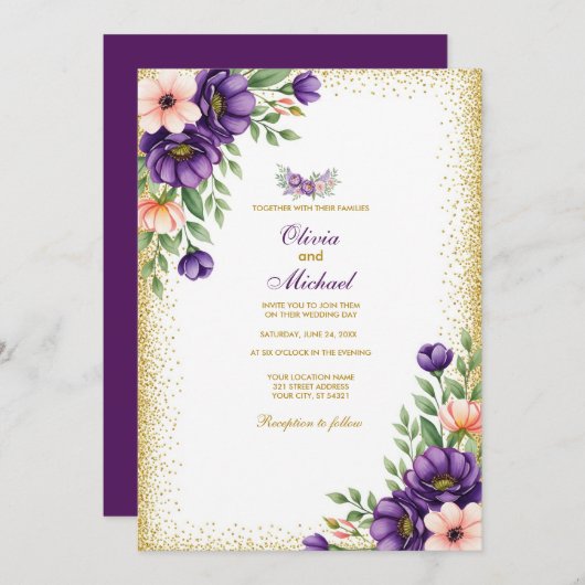 Minimalist Purple Floral Note Paper Background 招待状 (正面/裏面)