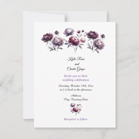 Minimalist Purple Peonies Wedding Invitation 招待状 (正面)