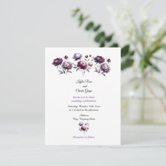 Minimalist Purple Peonies Wedding Invitation 招待状 (スタンド正面)